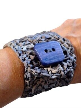 Handmade Crocheted Cuff Bracelet with Blue Button Woven Bohemian BEACHY